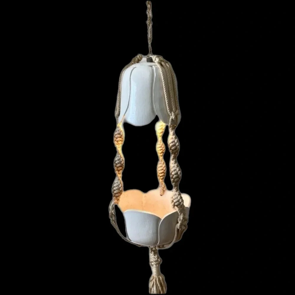 70s Macrame Hanging Lamp Planter Hand Crafted One-of-a-Kind